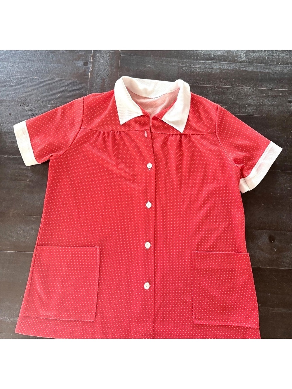 Vintage Red Polka Dot Button-Up Shirt with White Collar and Cuffs